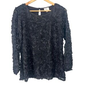 ECI Black Floral 3D Applique Lace‎ Mesh Blouse Top sz L Whimsigoth Dark Feminine